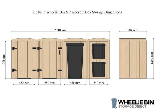 Bellus Triple Wheelie Bin & 2 Recycling Box Storage