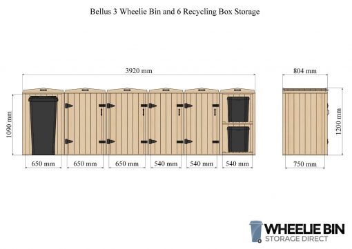 Bellus 3 Wheelie Bin and 6 Recycling Box Storage Dimensions