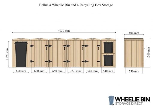 Bellus 4 Wheelie Bin and 4 Recycling Box Storage Dimensions