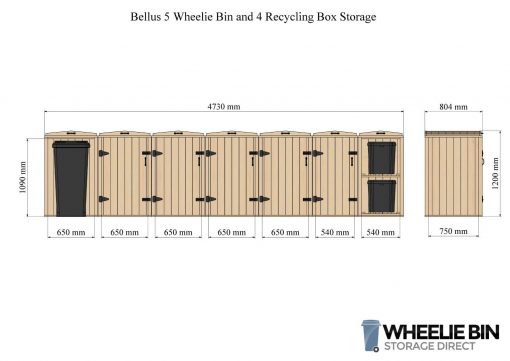 Bellus 5 Wheelie Bin and 4 Recycling Box Storage Dimensions