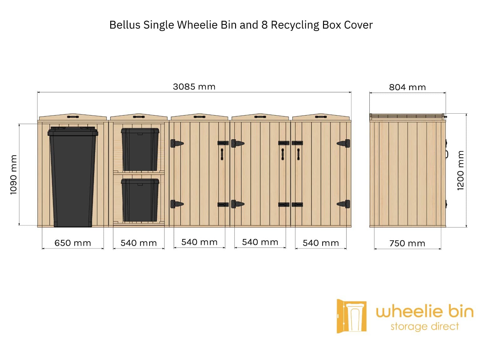 bellus single wheelie bin and 8 recycling box storage